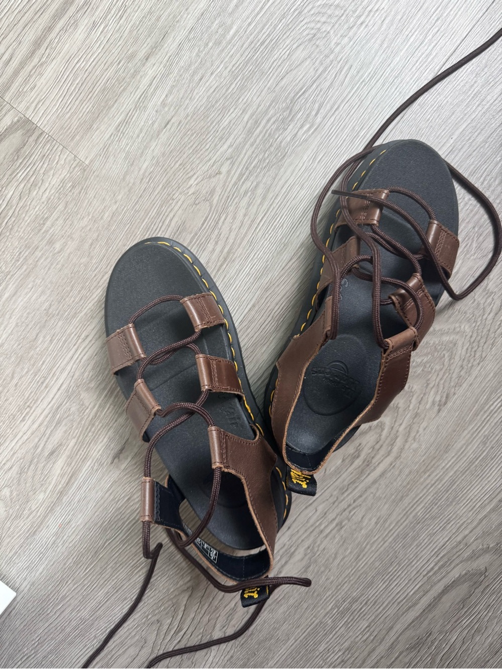 Dr. Martens Brown Leather Lace-Up Men's Sandals with Yellow Stitching